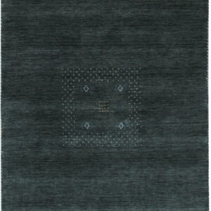 Low-pile dark teal rug featuring a minimal central square design outlined in small white and colored dots.