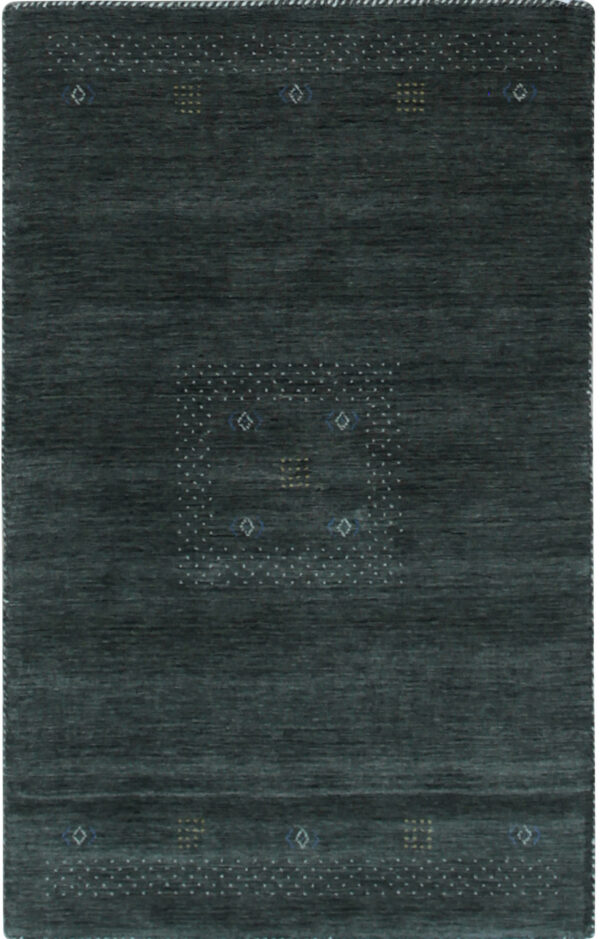 Low-pile dark teal rug featuring a minimal central square design outlined in small white and colored dots.