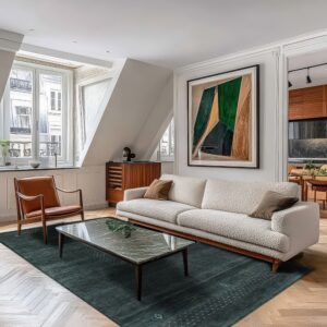A dark teal geometric rug anchors a bright living room with a cream boucle sofa and wood herringbone floors.