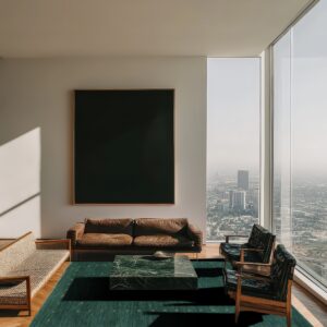 A teal low-pile rug featuring small scattered light motifs anchors a room with leather furniture and wood flooring.