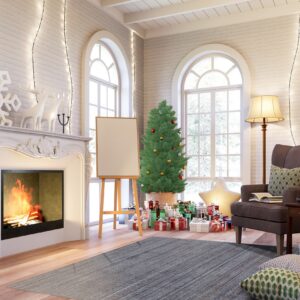 Textured blue-gray rug grounds a Christmas living room with a fireplace and tall arched windows.