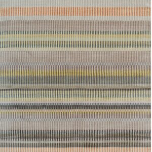 Muted horizontal stripe rug with vertical dashes in gray, yellow, orange, and blue.