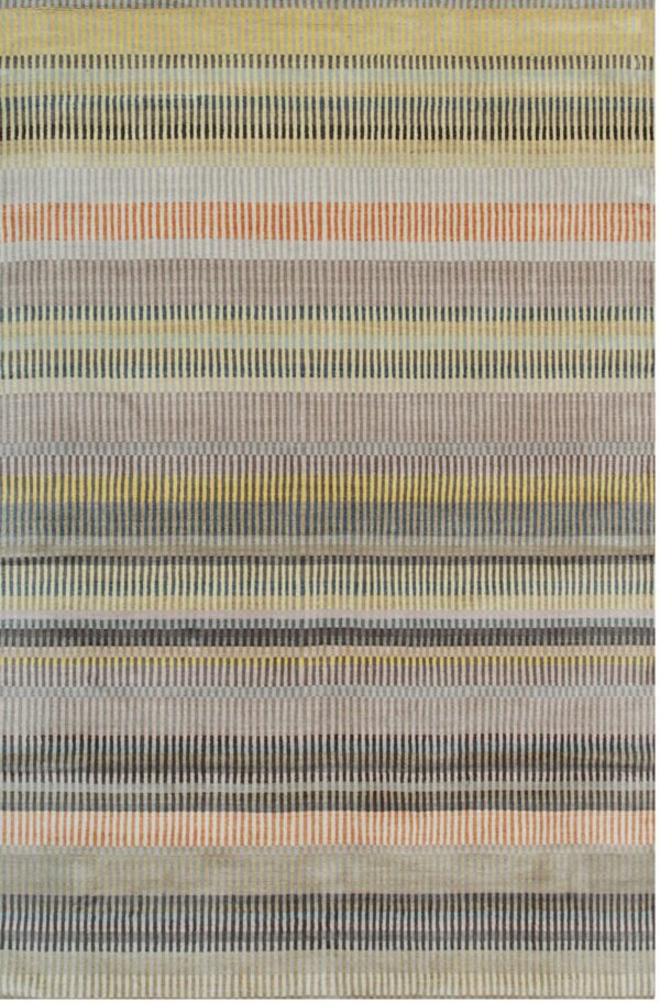 Muted horizontal stripe rug with vertical dashes in gray, yellow, orange, and blue.