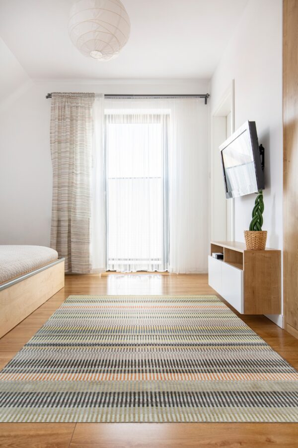 A geometric low pile rug featuring gray, orange, and black stripes covers a bright wood floor.