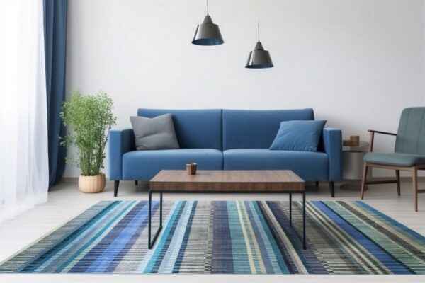 Blue and gray striped rug in a modern living room with a bright blue couch and white walls.