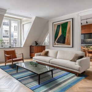 A rectangular rug with dense blue and white stripes rests beneath a bouclé sofa and marble coffee table.