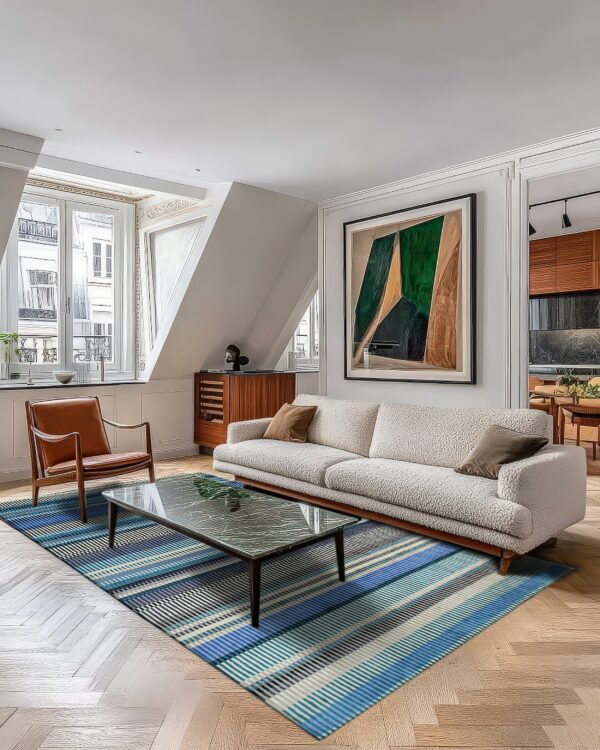A rectangular rug with dense blue and white stripes rests beneath a bouclé sofa and marble coffee table.