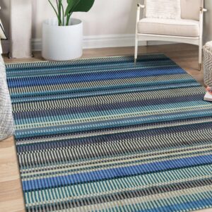 A low-pile blue, teal, and beige striped rug sits on a wood floor near a white chair and houseplant.