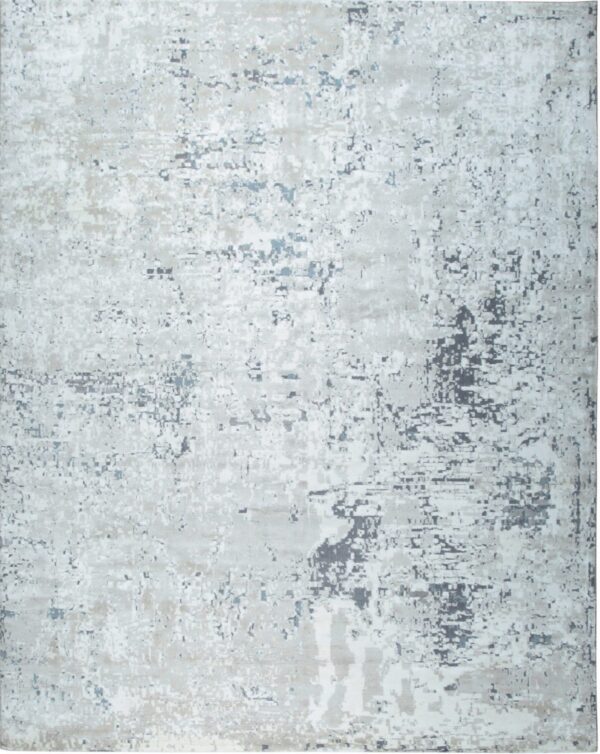 Abstract rug featuring a distressed pattern with patches of gray, white, pale blue, and light beige.