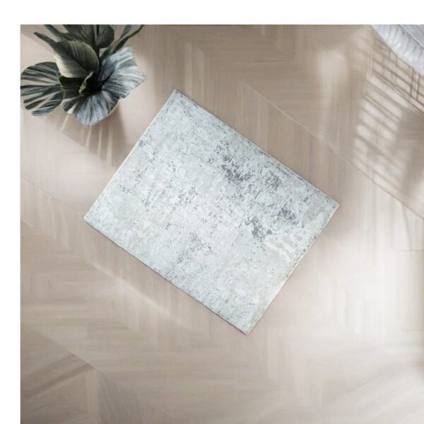 A light grey abstract rug rests diagonally on blonde herringbone wood flooring near a dark green plant.