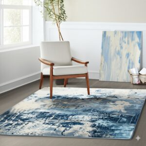 A rectangular blue, grey, and cream abstract rug anchors a sitting area with a white wooden armchair and large window.