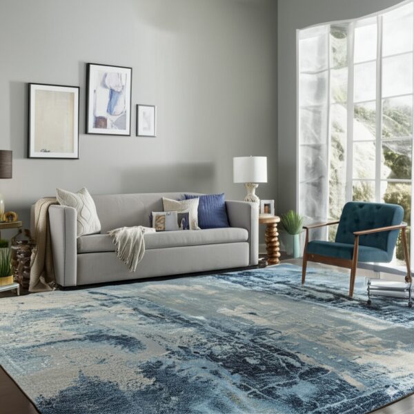 A large abstract blue, gray, and white rug anchors a modern living room with a light gray couch and a teal chair.