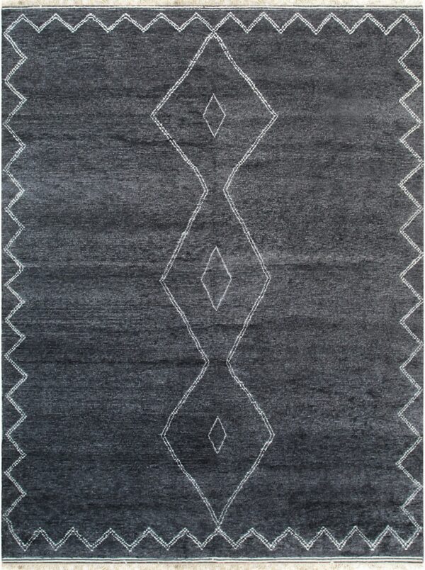 Textured dark grey rug with white geometric diamond patterns and zig-zag borders.