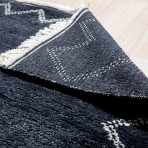 High-pile navy rug with white geometric designs folded over, showing its flat patterned backing on light wood.