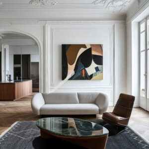 Dark gray shag rug with white geometric patterns defines a seating area on wood herringbone flooring.