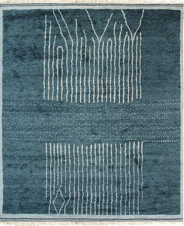 A dark teal rug with off-white abstract vertical line patterns above and below a dotted horizontal band.