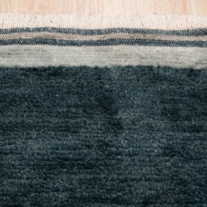 Dark teal shag rug edge with light gray border, striped flatweave bands, and cream fringe on a wood floor.