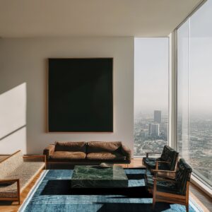 Blue abstract rug with white lines sits on herringbone wood flooring in a sunny modern high-rise room.