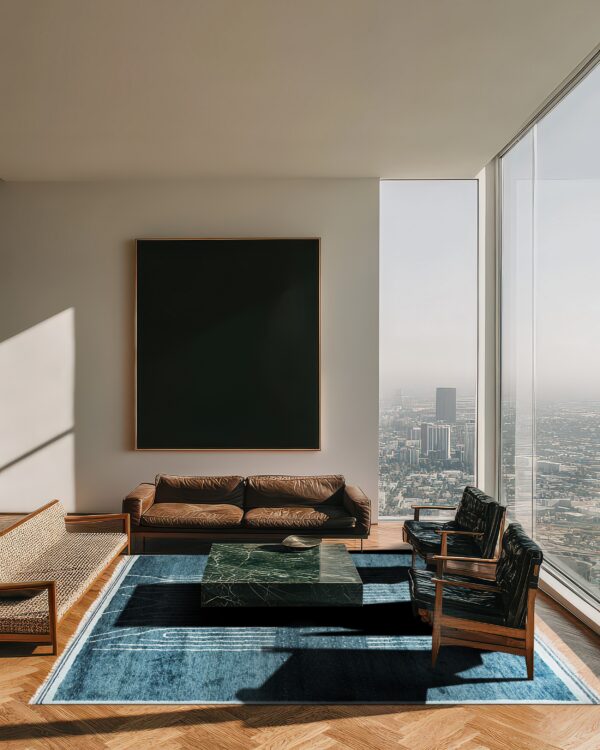 Blue abstract rug with white lines sits on herringbone wood flooring in a sunny modern high-rise room.