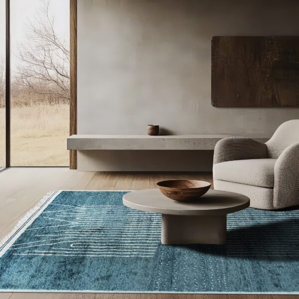 Teal blue rug with white linear patterns anchors a gray coffee table and textured armchair on wood floors.