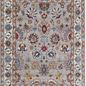 Light gray low-pile rug featuring a traditional multicolored floral medallion pattern and wide ivory borders.