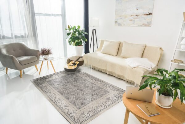 Geometric gray and beige patterned area rug grounding a bright living room with a sofa and gray armchair.
