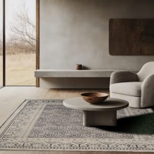 A low-pile gray and beige geometric rug grounds a minimalist room with a concrete table and armchair.