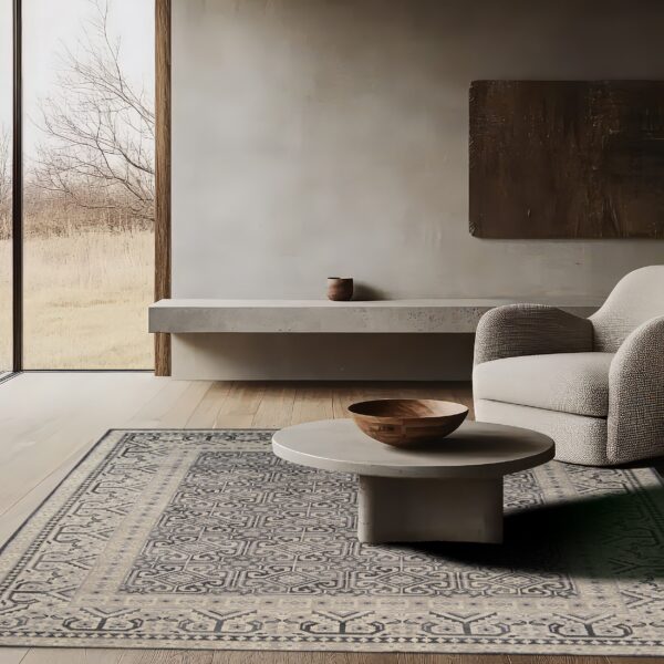 A low-pile gray and beige geometric rug grounds a minimalist room with a concrete table and armchair.
