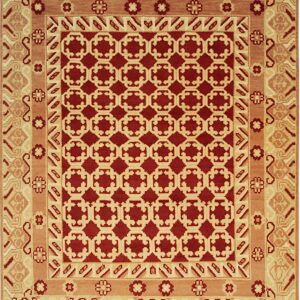 Geometric rug in deep red, ochre, and cream with a repeating trellis field and detailed borders.