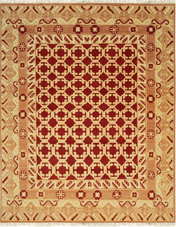 Geometric rug in deep red, ochre, and cream with a repeating trellis field and detailed borders.