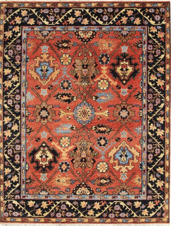 Traditional rug featuring a rust red field with gold and blue floral geometric motifs and a detailed black border.