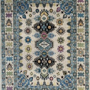 Light gray rug featuring blue, black, and multicolored tribal geometric motifs and a wide patterned border.