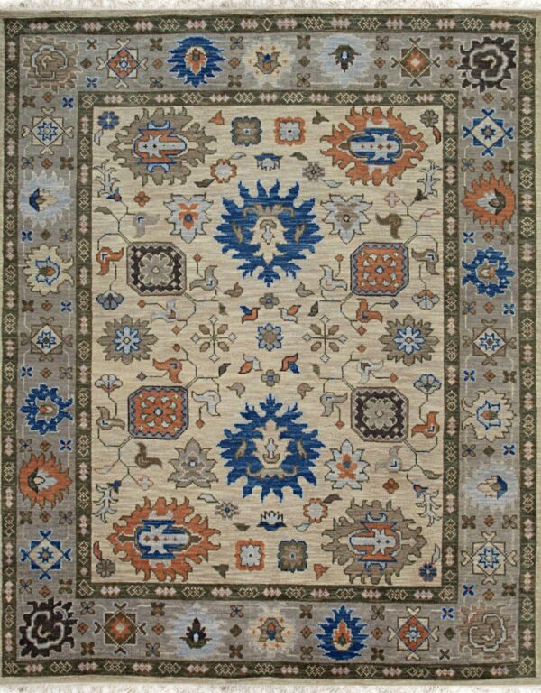 Traditional beige rug with blue and rust motifs surrounded by patterned taupe and olive green borders.