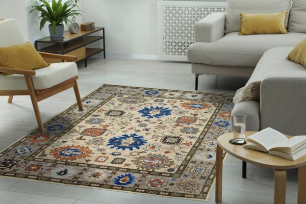 Beige and blue traditional rug with gray borders anchors a living room with a cream sofa and wood chair.