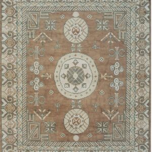 Square rug with a brown field, three white and sage medallions, and intricate geometric tribal borders.