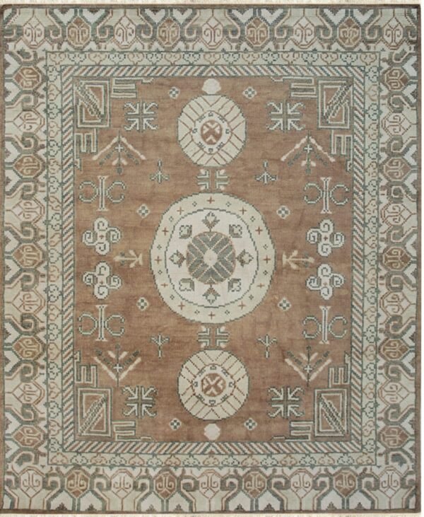 Square rug with a brown field, three white and sage medallions, and intricate geometric tribal borders.