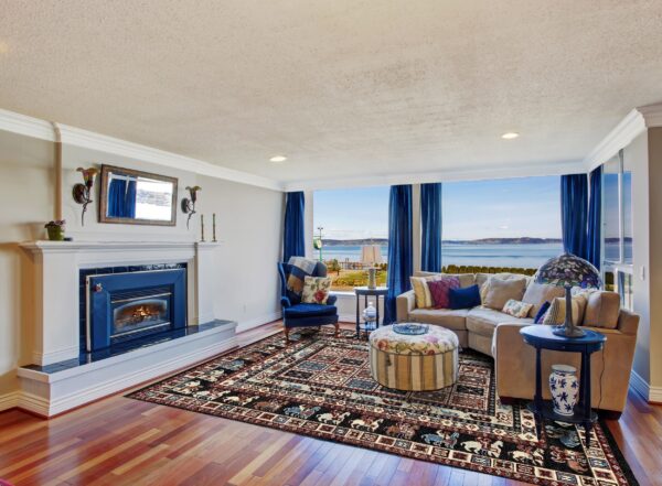 Willow oriental charcoal hand knotted wool rug 5 A traditional dark rug with complex red, blue, and cream patterns grounds a room with a tan couch and scenic view.