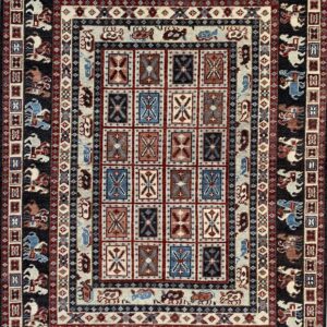 Black, cream, red, and blue rug featuring a geometric center grid and multi-layered borders of stylized animals.