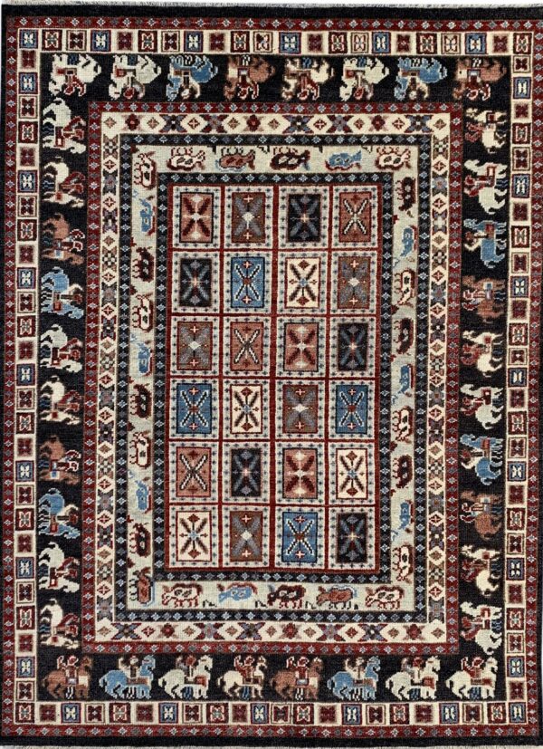 Willow oriental charcoal hand knotted wool rug 1 Black, cream, red, and blue rug featuring a geometric center grid and multi-layered borders of stylized animals.