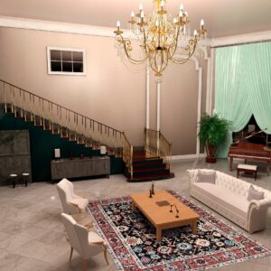 Formal living area featuring a traditional black, red, and beige patterned rug on polished stone tile.