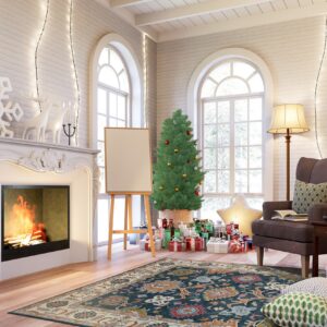Traditional blue and rust area rug anchors a holiday living room with a fireplace and Christmas decorations.