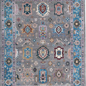 Traditional gray rug featuring colorful medallions and a prominent bright blue and purple patterned border.