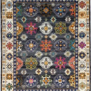 High-contrast rug with a charcoal field, colorful medallions, and a wide light cream ornamental border.