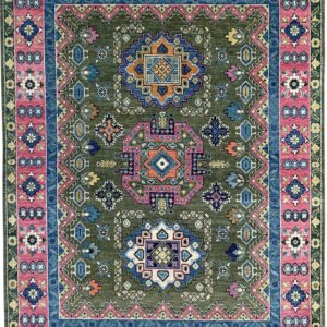 Olive green tribal rug with central medallions and a wide fuchsia pink and blue border.