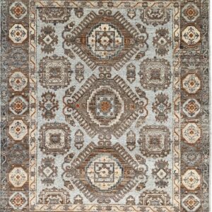 Light gray rug featuring intricate brown and rust traditional geometric medallion and borders.
