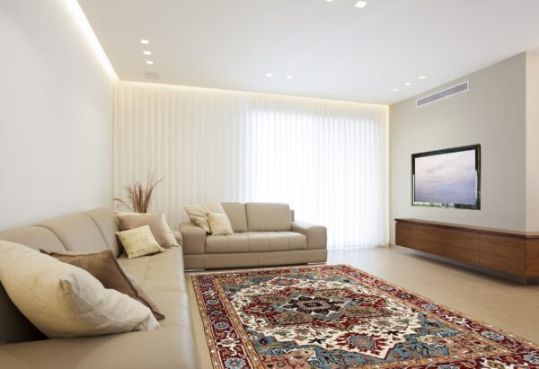 A detailed red, blue, and cream traditional area rug grounds a modern living space with tan leather seating.