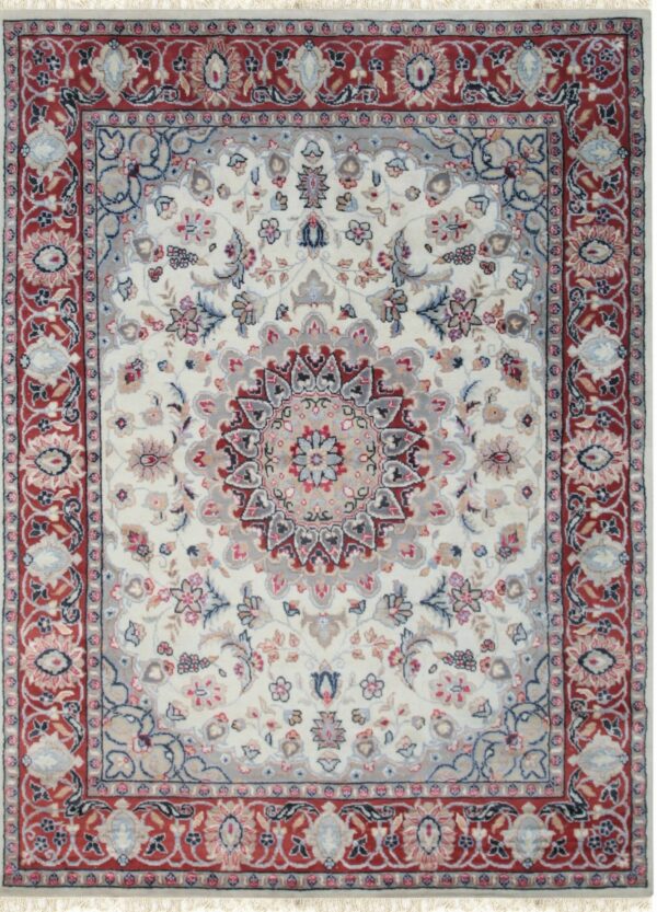Low-pile traditional rug with an ivory field, featuring red, gray, and blue floral motifs and a deep red border.
