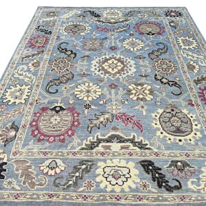 Light blue traditional rug featuring dense cream, gray, and burgundy floral medallions and border designs.