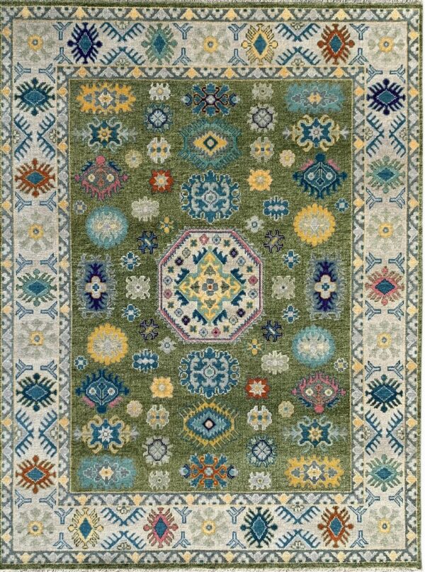 Olive green rug with scattered colorful medallions, featuring a geometric pattern and light gray decorative borders.
