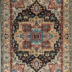 Traditional patterned rug with a dark central medallion and borders in beige, rust, and blue.